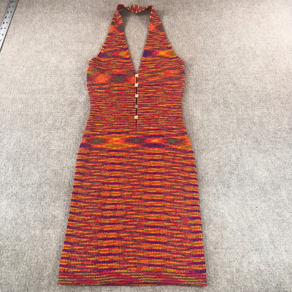 NIA Space Dye Halter Mini Dress Orange Purple Knit Button Front Size S